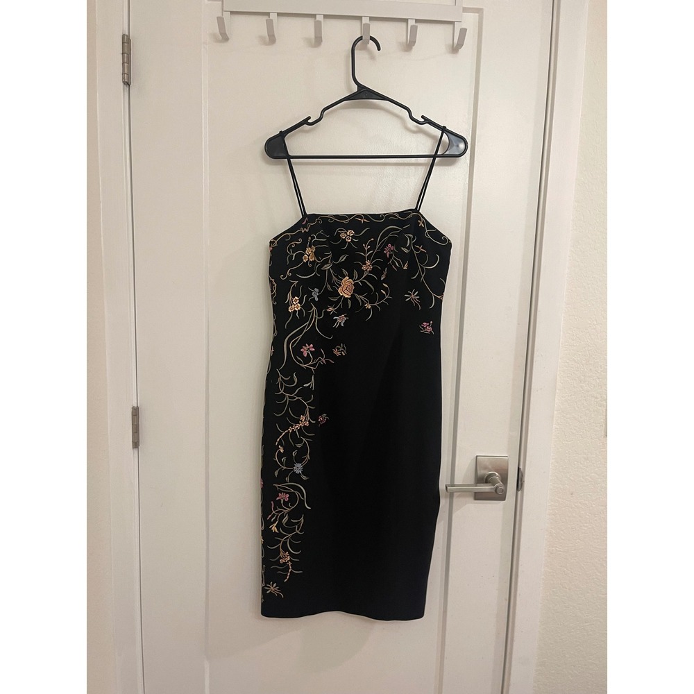 Vintage 90s Embroidered Floral Black Midi Dress Chic Date‎ Night Wedding